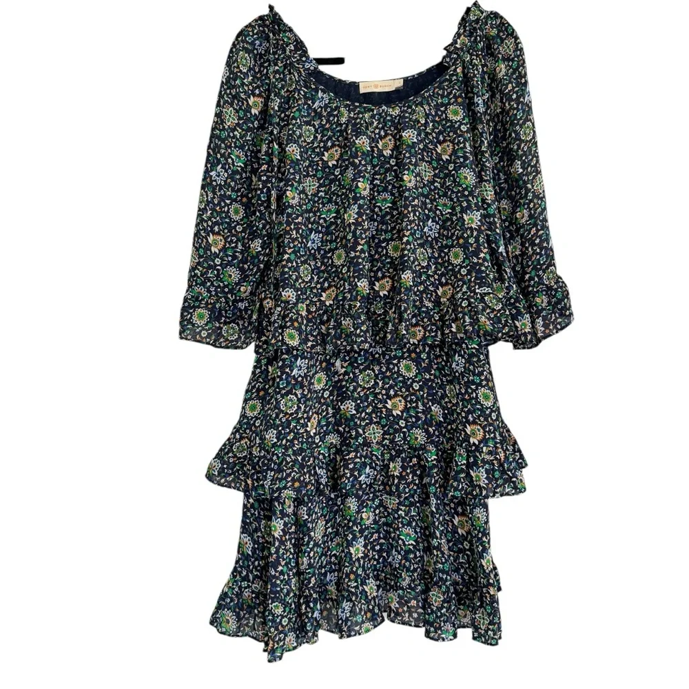 Tory Burch Navy Blue Flora Ruffle Womens Mini Dress Size 4 - Picture 1 of 15